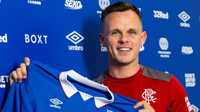 Lawrence Shankland holding a Rangers FC shirt after he signed on with the club.