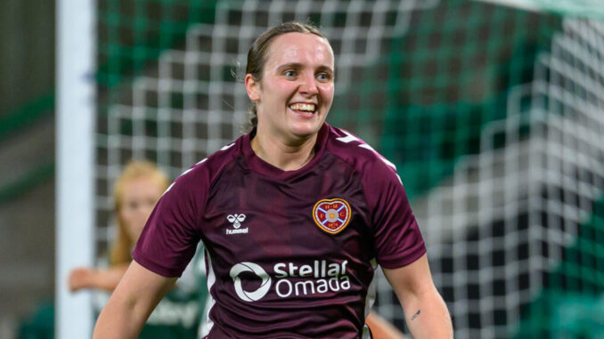 Bayley Hutchison of Hearts celebrates after she scores the second goal during the ScottishPower Scottish Women's Premier League 1 match between Hibs Women and Hearts Women at Easter Road Stadium, Edinburgh, Scotland on 16 November 2025.