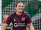 Bayley Hutchison of Hearts celebrates after she scores the second goal during the ScottishPower Scottish Women's Premier League 1 match between Hibs Women and Hearts Women at Easter Road Stadium, Edinburgh, Scotland on 16 November 2025.