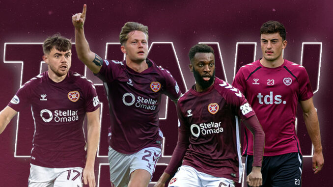 Frankie Kent, Lewis Neilson, Beni Baningime, and Alan Forrest pictured playing for Hearts FC